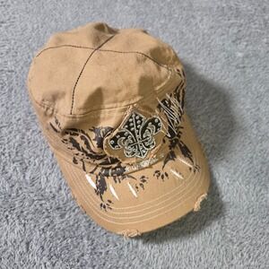 Pit Bull Unisex OS Cadet Cap Tan Fleur De Lis Rhinestone Distressed Military Hat